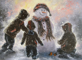 Snowman & Three Boys art print