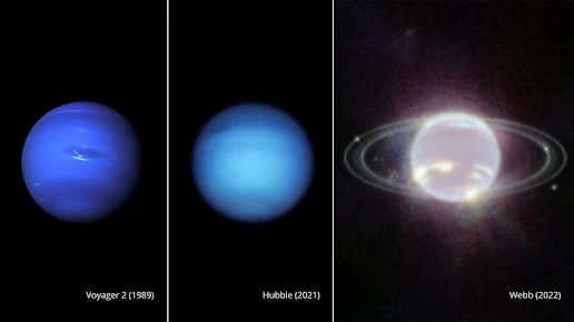 Three views, three telescopes. Neptune through Voyager, Hubble, and Webb's mirrors.