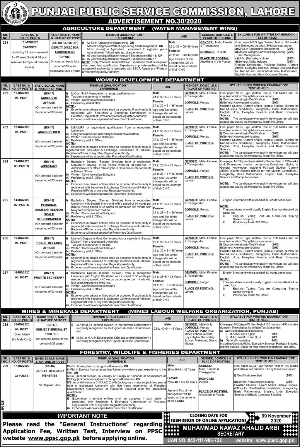 PPSC Jobs October 2020