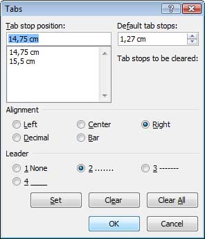 Tab Position MS Word