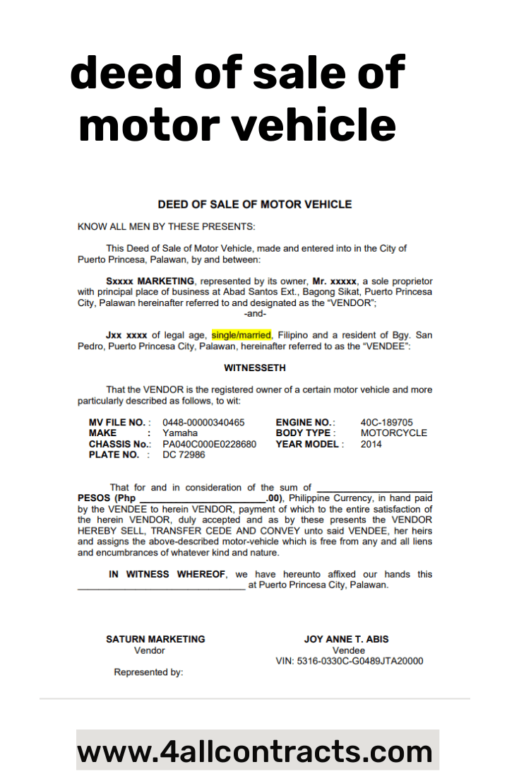 Download a printable and customizable sample Deed of Sale of Motor Vehicle