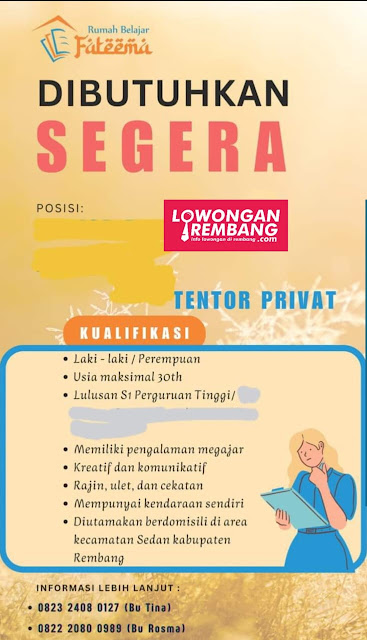 Lowongan Kerja Pegawai Tentor Privat Guru Rumah Belajar Fateema Rembang