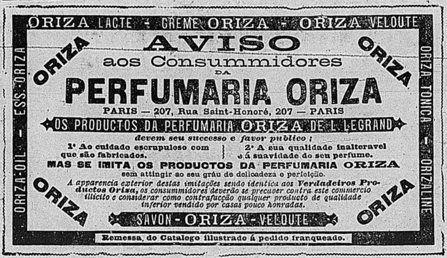 Anúncio de 1896 apresentando as ofertas da Perfurmaria Oriza