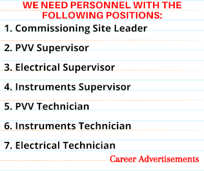 We need personnel with the following positions: