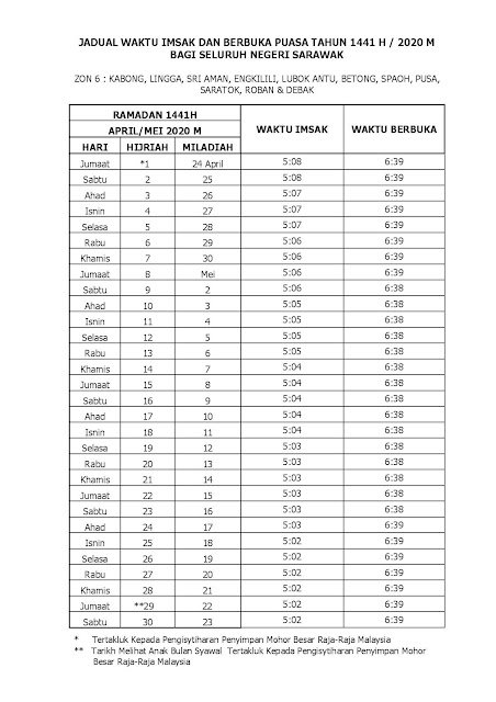 JADUAL WAKTU BERBUKA PUASA DAN IMSAK NEGERI SARAWAK 1441H