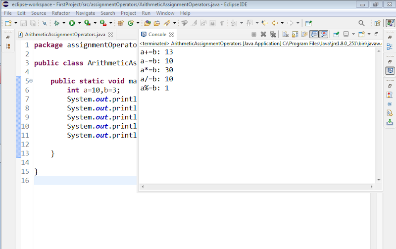 Java Arithmetic Assignment Operators example output