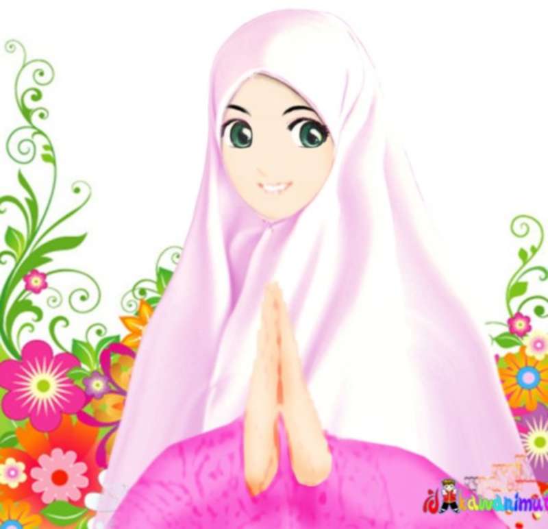 14 Kartun Muslimah Imut Membawa Bunga