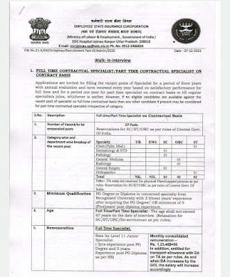 ESIC UP Specialist, Senior Resident Jobs Notification 2023 For 16 Posts