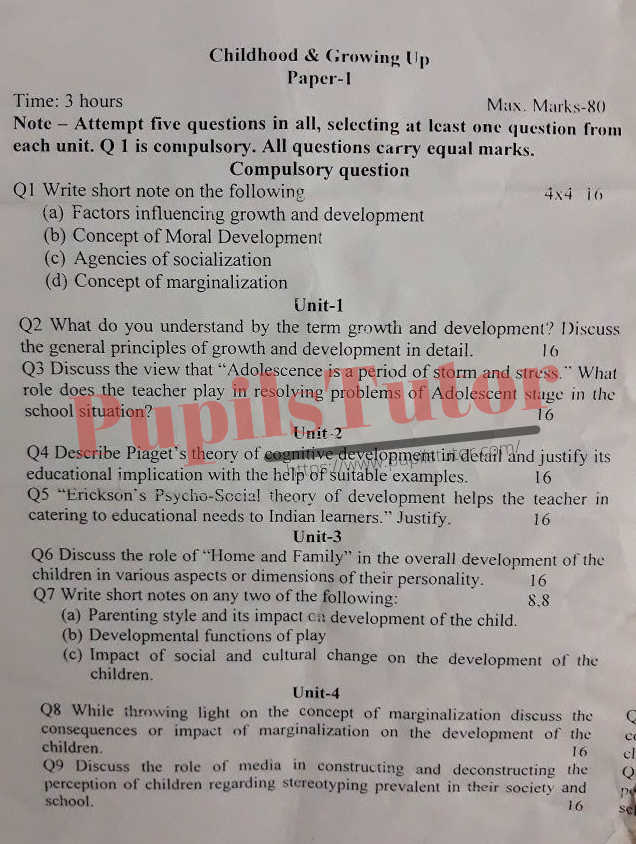KUK (Kurukshetra University, Kurukshetra Haryana) BEd House Exam First Year Previous Year Childhood And Growing Up Question Paper For 2022 Exam (Question Paper Page 1) - pupilstutor.com