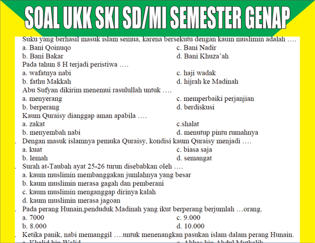 Kumpulan Soal UKK SKI SD/MI Semester 2 (Genap) Sejarah Kebudayaan Islam merupakan salah satu mata pelajaran yang ada pada sekolah Madras Kumpulan Soal UKK SKI SD/MI Semester 2 (Genap)