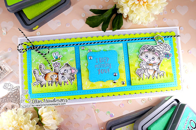 Missing You cat and butterflies card by Ellen Haxelmans | Captivated Kittens Stamp Set, Land Borders Die Set and Slimline Die Sets by Newton's Nook Designs #newtonsnook