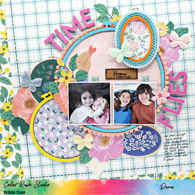 Colorful layered scrapbook layout created with the Poppy and Pear collection from Bea Valint and dimensional embellishments from Color Rush Studio.