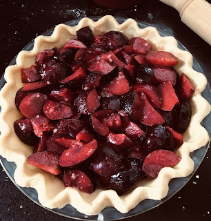 Plum pie ready for its pastry top and then baking