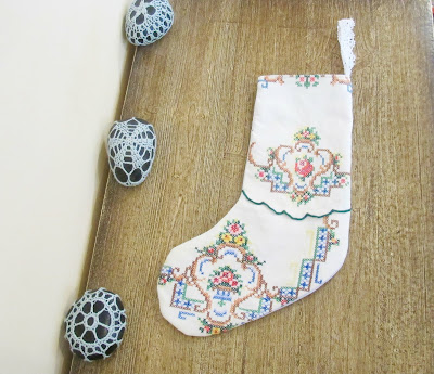 image shabby chic christmas stocking upcycled vintage doilies embroidered cross stitch rustic domum vindemia