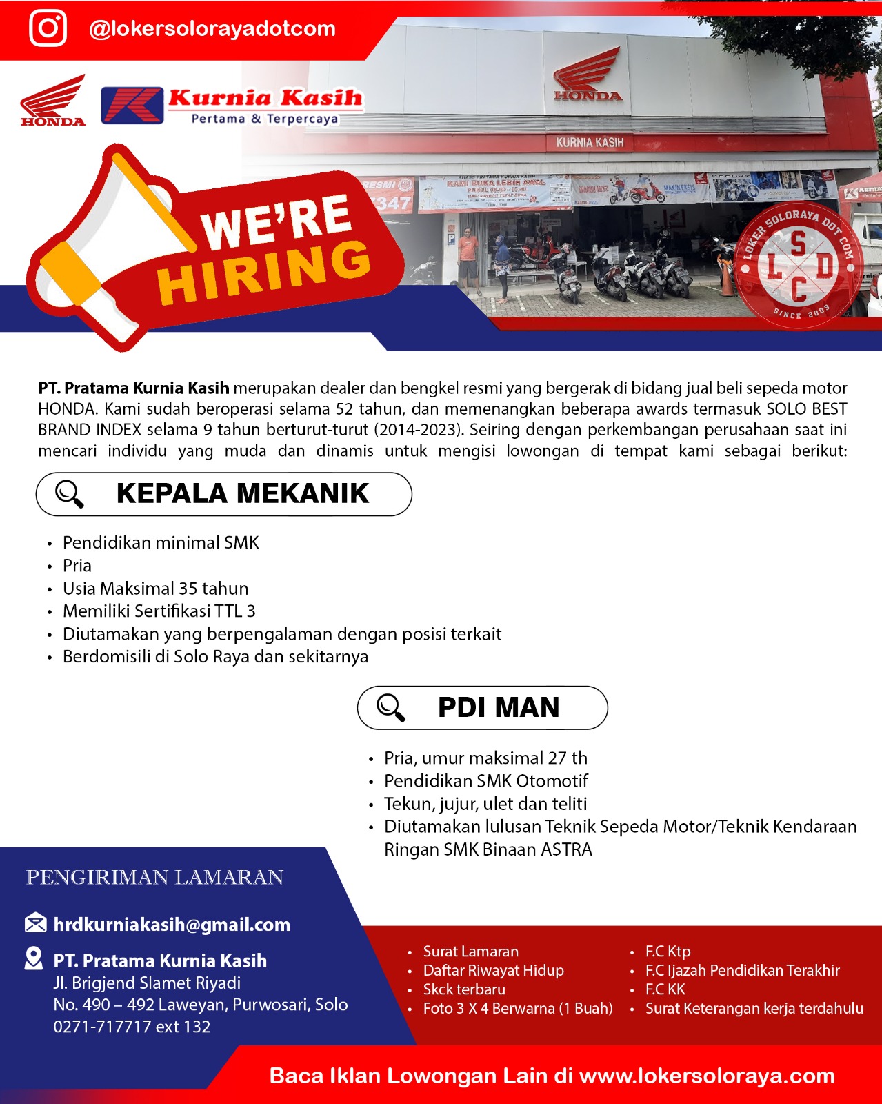 Loker Solo Raya dan Semarang di Dealer Honda PT Pratama Kurnia Kasih