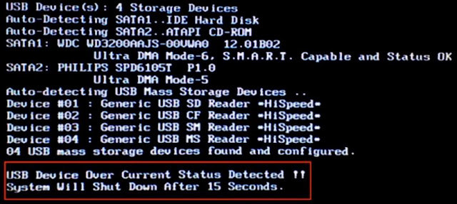 Solusi USB Device Over Current Status Detected System Will Shut Down After 15 Seconds