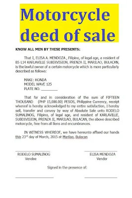 motorcycle deed of sale sample, motorcycle deed of sale sample format, motorcycle deed of sale 2020, deed of sale of a motorcycle	,