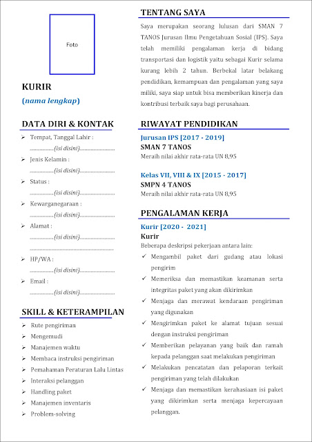 contoh 1 daftar riwayat hidup Kurir yang punya pengalaman kerja (experience)