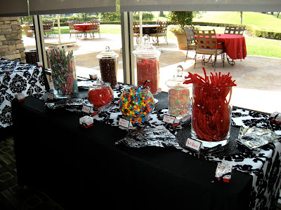 Candy by Brandi multicolored candy buffet setup for a black white and red