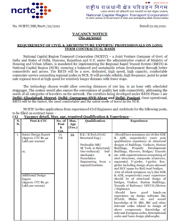 Recruitment of various post in REQUIREMENT OF CIVIL & ARCHITECTURE EXPERTS/ PROFESSIONALS ON LONG TERM CONTRACTUAL BASIS