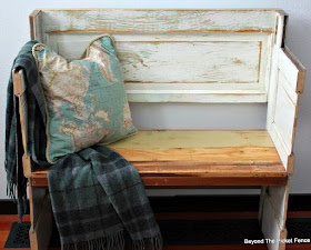 old door, reclaimed wood, bench, salvaged, entryway, wool plaid blanket, Minwax, DIY, http://bec4-beyondthepicketfence.blogspot.com/2016/02/a-door-able-bench.html