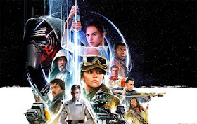 Diseño que une a los personajes de El despertar de la fuerza y Rogue One, con las actrices en el centro (Daisy Ridley arriba, Felicity Jones abajo)