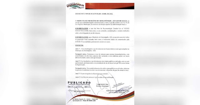 Novo decreto municipal deixa o uso de máscara a critério do usuário em Serranópolis!