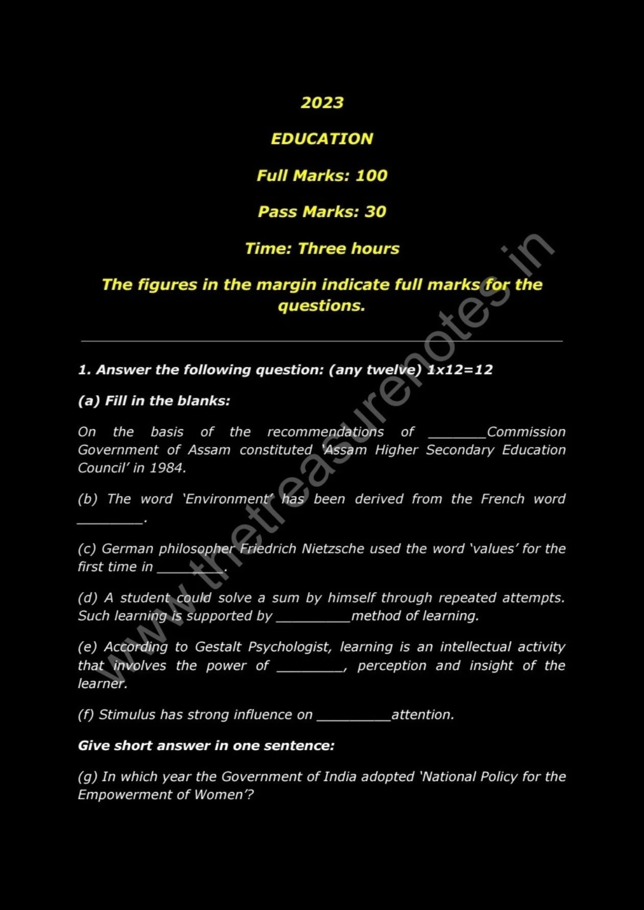 AHSEC Class 12 Education Question Paper 2023 [H.S 2nd Year Education Question Paper 2023]