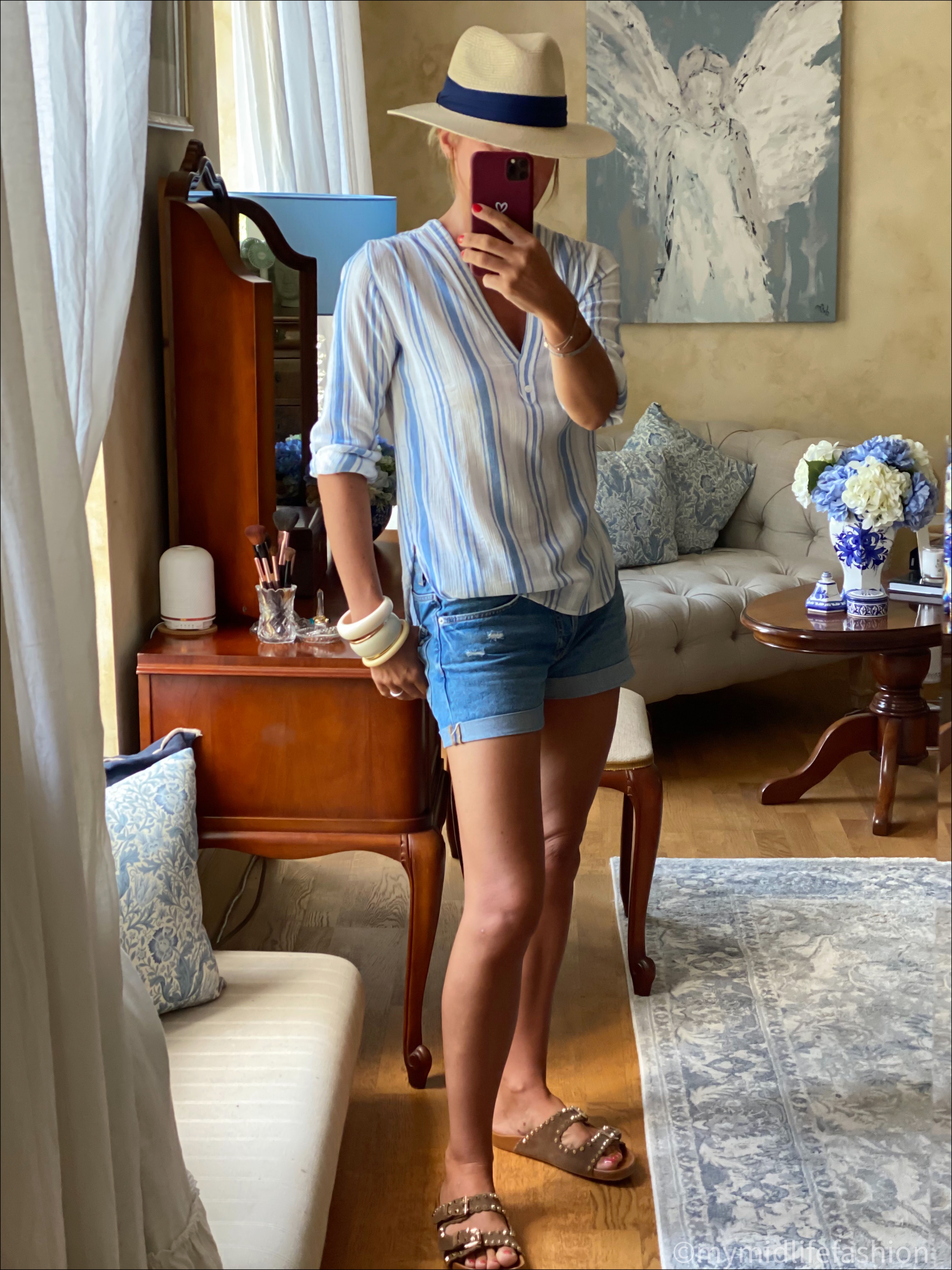 my midlife fashion, amazon Panama hat, Vanessa bruno stripe shirt, h and m denim boyfriend shorts, suede studded leather sliders