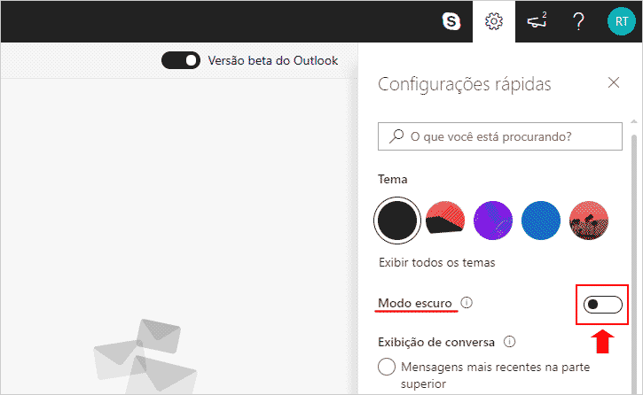 Configurações rápidas - Modo escuro Outlook.com