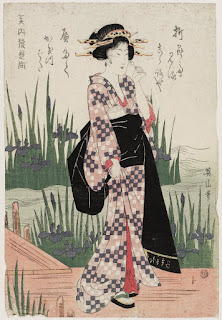 Woman Viewing Iris at Yatsuhashi, from the series Beauties Matched with Hokku Poems (Bijin hokku awase)