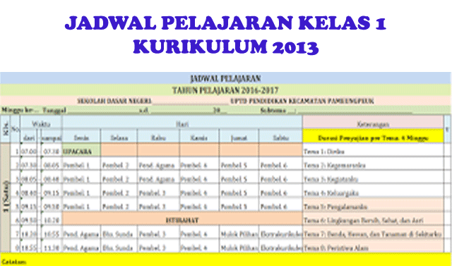 Jadwal Pelajaran Kelas 1 (Satu) Kurikulum 2013  SDN 
