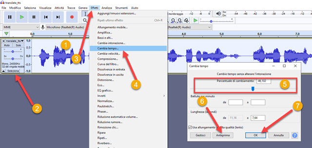 cambiare il tempo file audio audacity