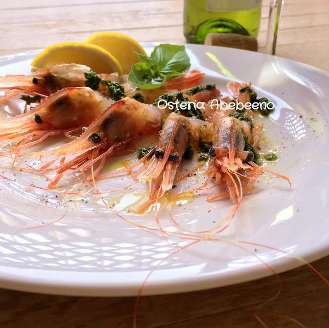 Gamberi Crudi Al Basilico ボタン海老のクルード バジリコのソース Osteria Abebeeno
