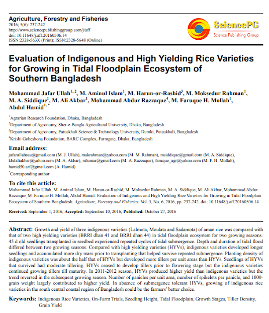 Evaluation of Indigenous and High Yielding Rice Varieties for Growing in Tidal Floodplain Ecosystem of Southern Bangladesh