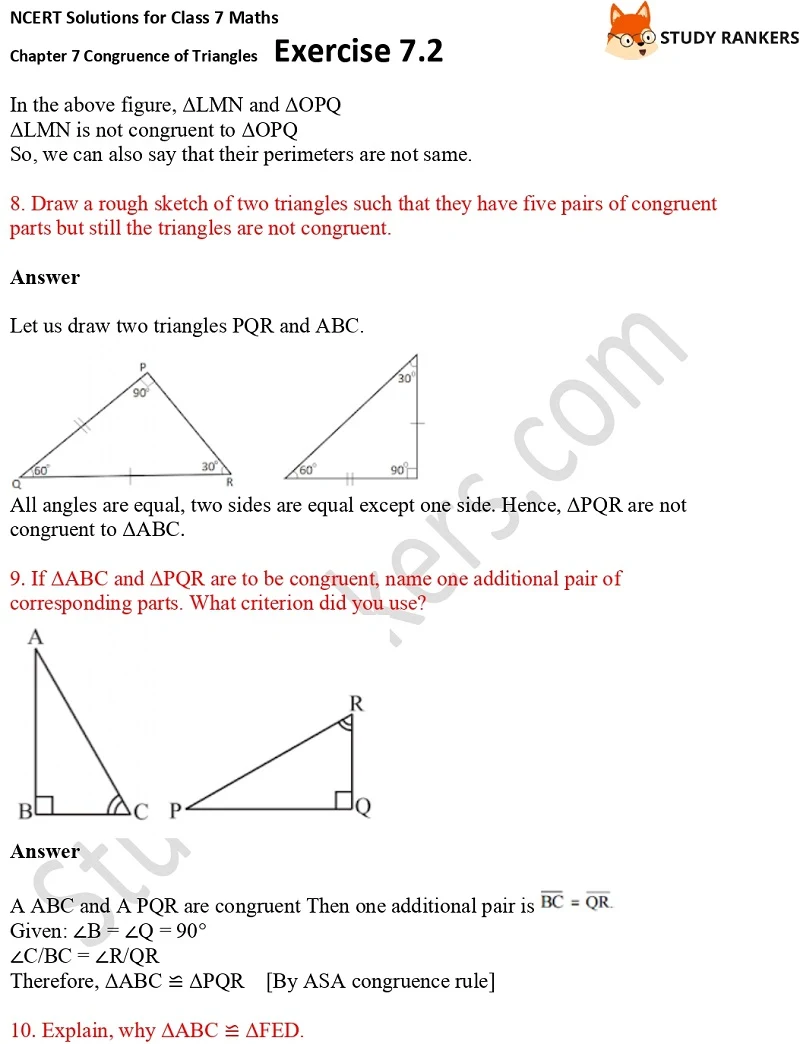 NCERT Solutions for Class 7 Maths Ch 7 Congruence of Triangles Exercise 7.2 6