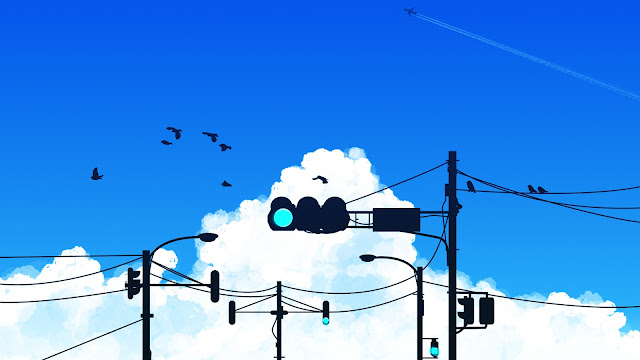Blue Sky, birds and a traffic light anime landscape background