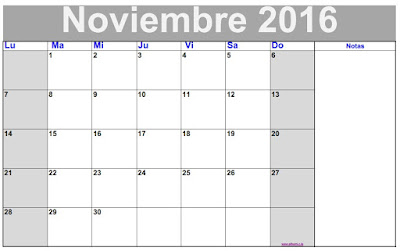 Calendario blanco noviembre 2016 libre de imprimir - 3fotos Un calendario planificador mensual de noviembre 2016 en blanco y negro agenda planificación.