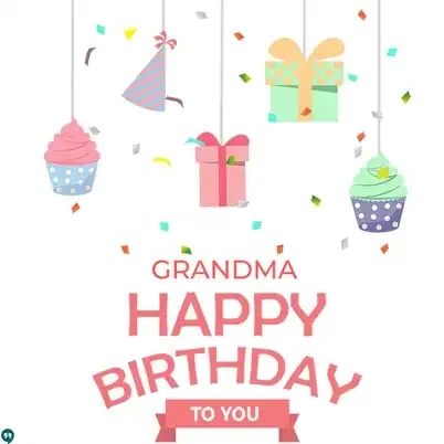 cute grandma happy birthday images with hanging cupcake gifts confetti