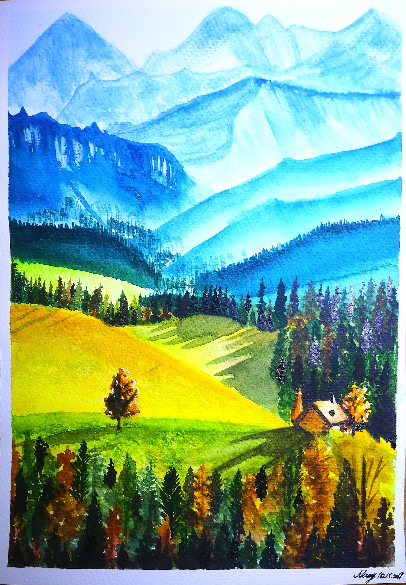 How to Draw Europe Landscapes in Autumn Mountains with Watercolor
