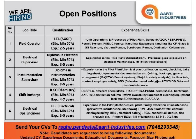 Aarti Industries Hiring For Production/ Electrical/ Instrumentation
