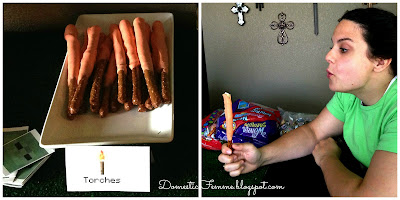 Minecraft Birthday Party: Torches Chocolate Covered Pretzel Rods #Parties #Birthdays #DIY #Character #Characters #Supplies #Idea #Ideas #TNT #Twizzlers #Torches #Chocolate #Dipped #Pretzel #Pretzels #Rods #Rods #Dirt #Brownie #Brownies #Coal #Rice #Krispies #Treats #Krispie #Crispie #Crispies #Zombie #Zombies #Boogers #Booger #Popcorn #Corn #Candy #Stickers #Enderman #Steve #Creeper #Printables #Printable #Cake #Instruction #Instructions #Instuctable #Instructables #Tutorials #Ghost 