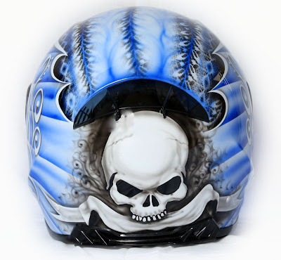 Blue skull airbrushed designs on sport helmet 2