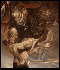 Justin Gerard Illustration oil digital theseus battle fight the minotaur