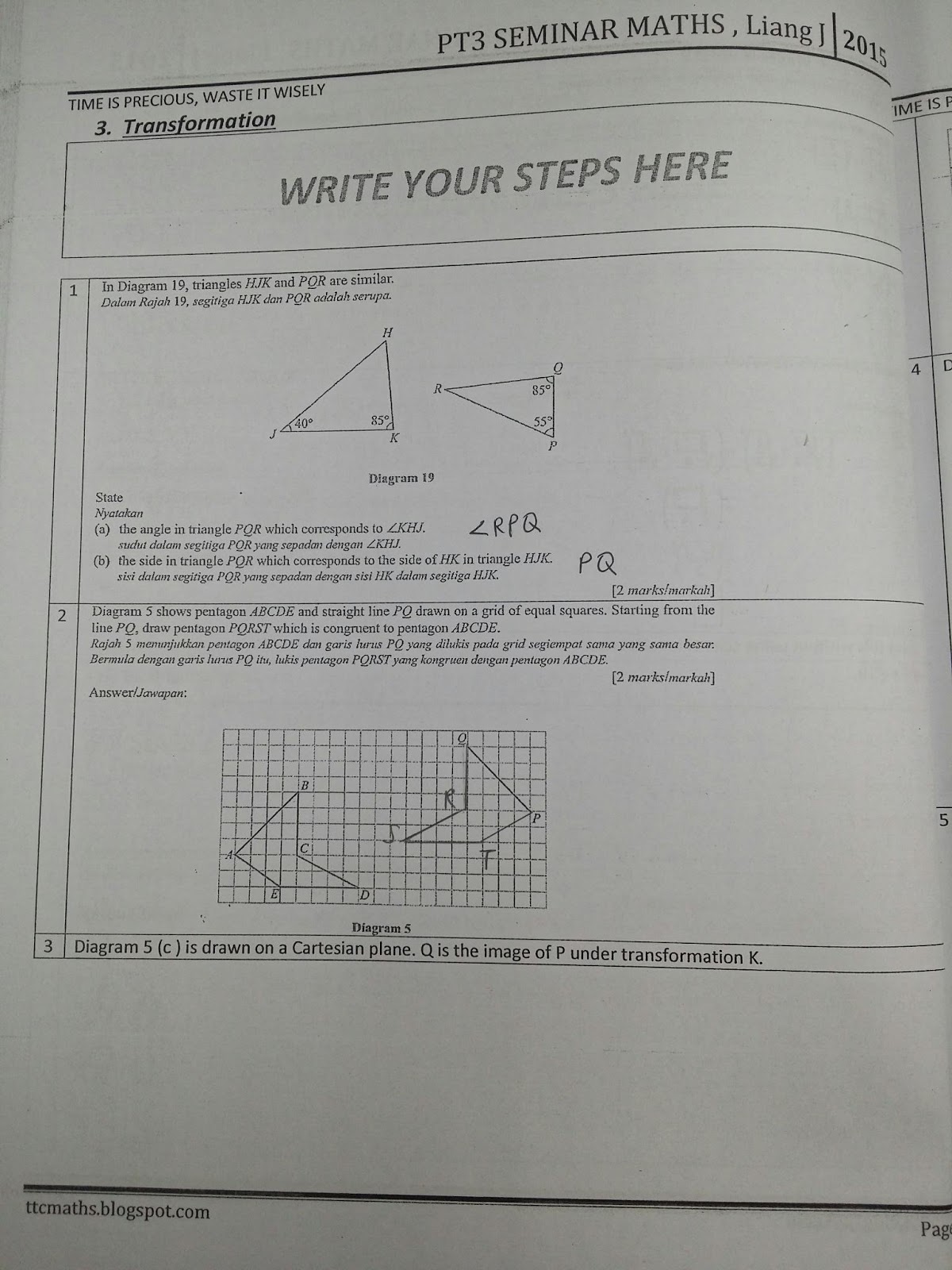 TTC MATHS DEPARTMENT: PT3 Seminar 2015 (some missing Answers)