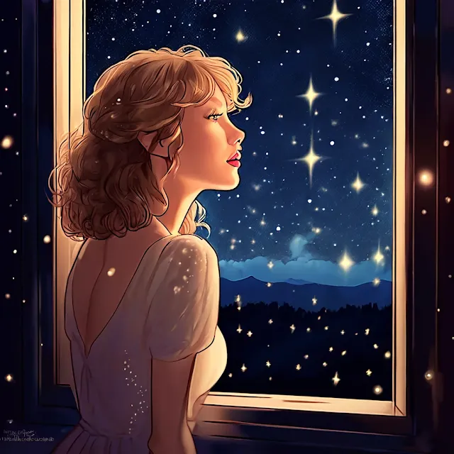 Mujer rubia viendo estrellas en la noche por la ventana. Arte digital