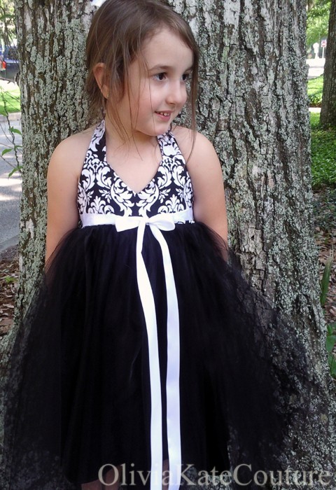  Our Damask Black and White Wedding flower girl tulle dress was featured 