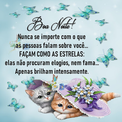 Nunca se importe com o que  as pessoas falam sobre você... FAÇAM COMO AS ESTRELAS: elas não procuram elogios, nem fama... Apenas brilham intensamente. Boa Noite!