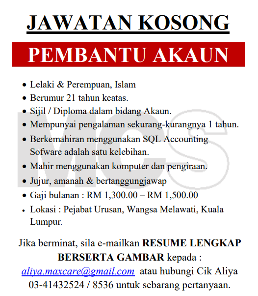 Jawatan Kosong Di Maxcare Success Sdn Bhd Pembantu Akaun Gaji Rm1 300 00 Rm1 500 00 Jobcari Com Jawatan Kosong Terkini