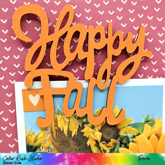 Bright Orange Happy Fall Wood Title Piece on a Fall Sunflower Scrapbook Layout